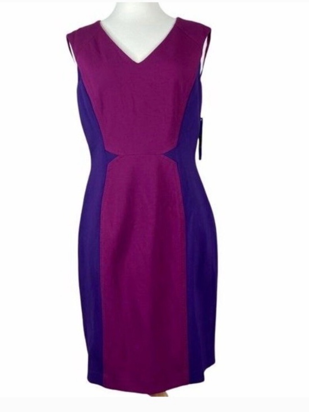 ANTONIO MELANI Colorblocked V-Neck Sheath Dress in Magenta and Purple